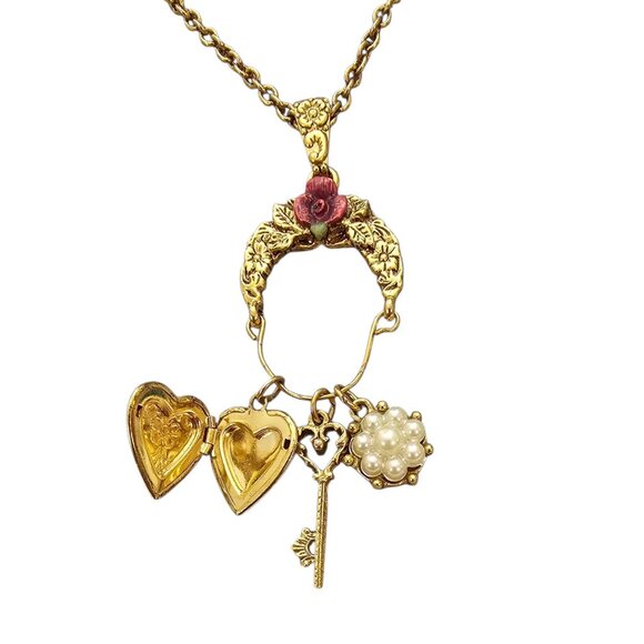 1928 Brand Rose Charms Pendant Necklace Locket Key Flower, Signed - Picture 3 of 8